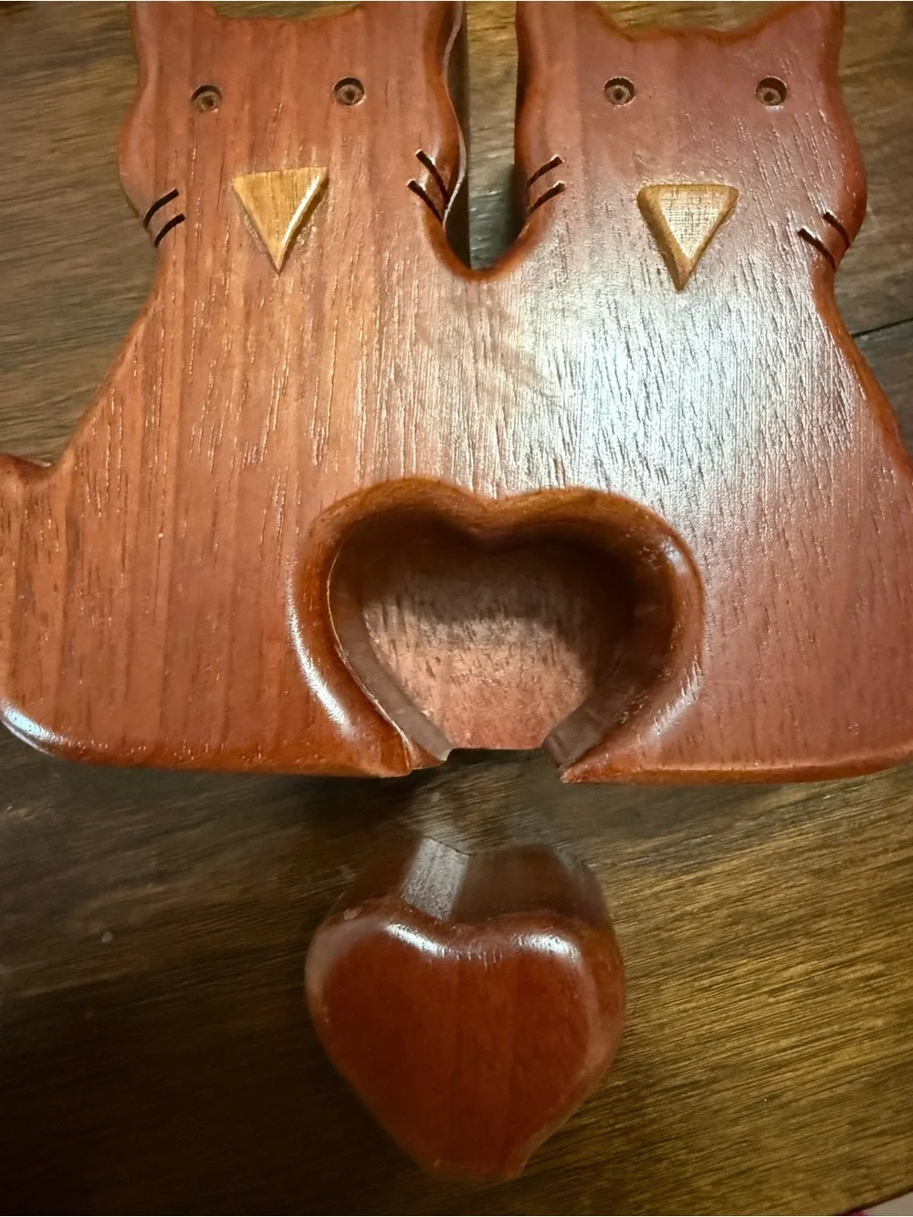 Cat Secret puzzle Box Stash Trinket carved wood Art Two Cats Velvet Lined